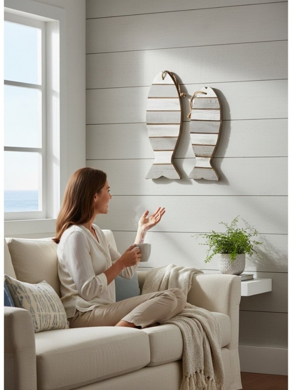 Rustic Wooden Fish Wall Decor Set With Rope Hangers Coastal Style